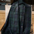 Blue-green plaid coat on a chair with text overlay